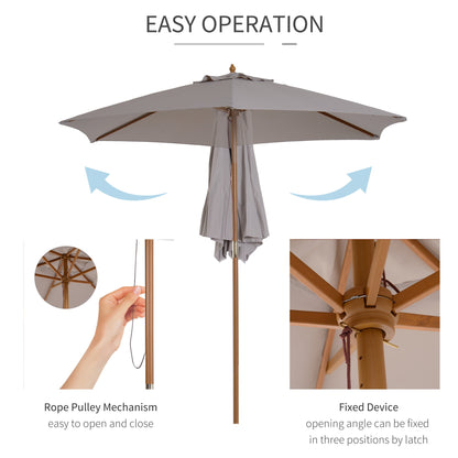 Outsunny 2.5m Wood Garden Parasol Sun Shade Patio Outdoor Wooden Umbrella Canopy, Table Market Umbrella with Vent, 38mm Pole, Rope Pulley Mechanism, Grey