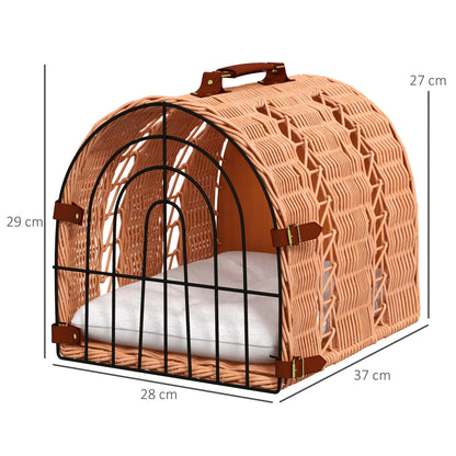 PawHut Wicker Cat Carrier Basket Kitten Bed Portable Pet Caves Houses w/ Soft Cushion 37 x 28 x 29 cm Orange