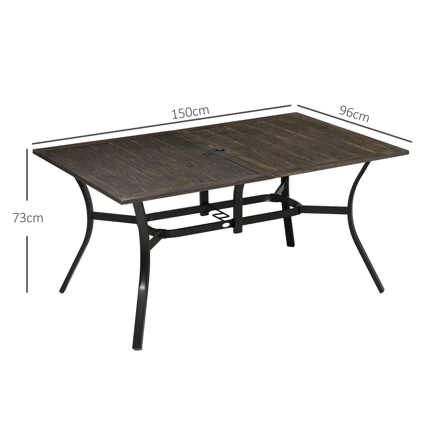 Outsunny Six-Seater Steel Garden Table, with ⌀41mm Parasol Hole - Wood-Effect