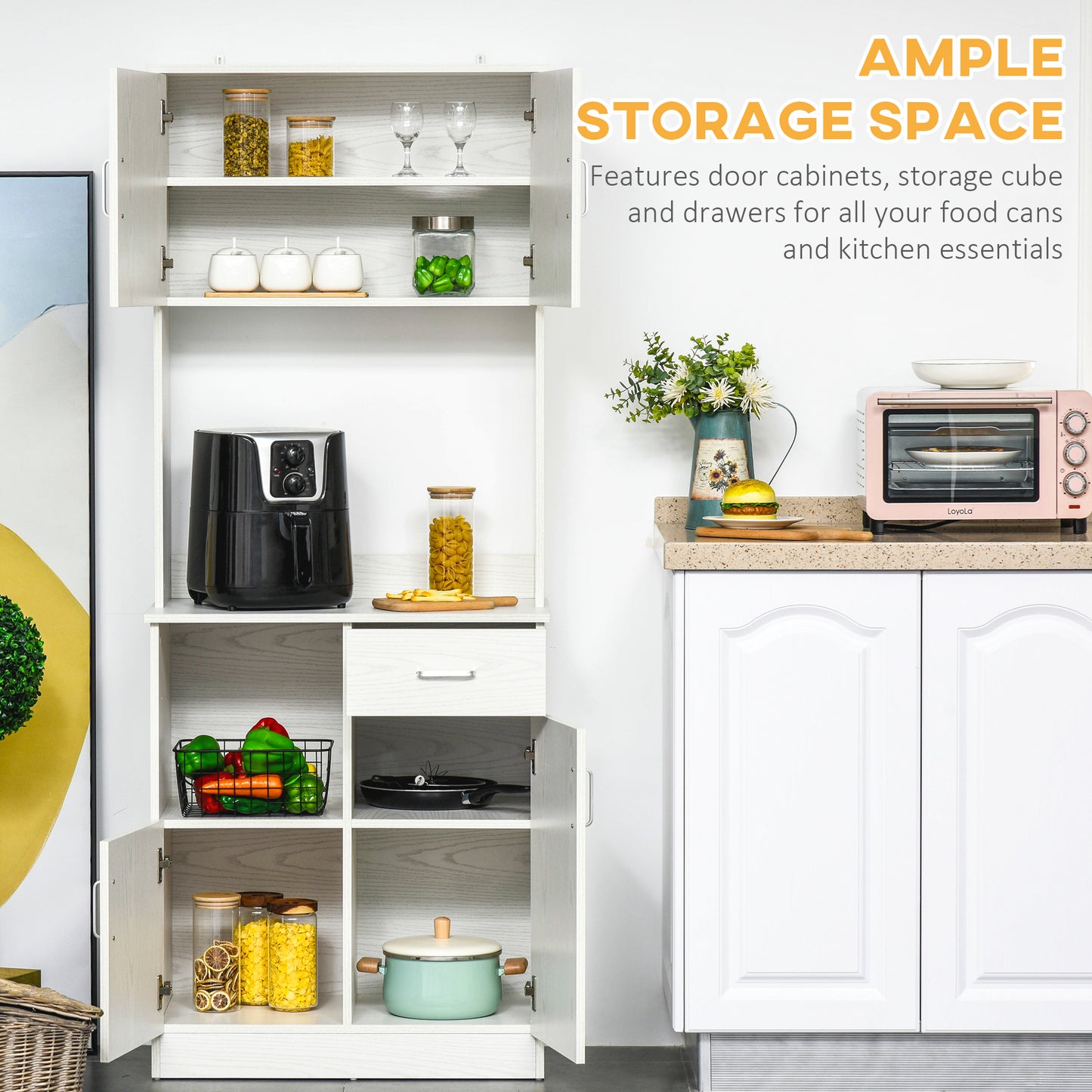 HOMCOM Freestanding Kitchen Cupboard, Modern Kitchen Storage Cabinet with Doors, Microwave Counter and Adjustable Shelves, White