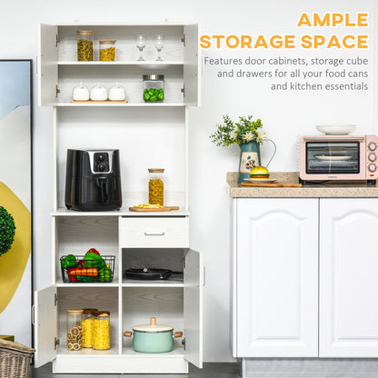 HOMCOM Freestanding Kitchen Cupboard, Modern Kitchen Storage Cabinet with Doors, Microwave Counter and Adjustable Shelves, White
