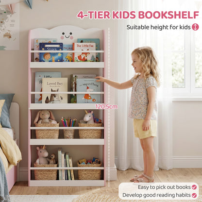 AIYAPLAY 4 Tier Kids Bookshelf, Wall-Mounted Children Bookcase, Toddler Space-Saving Bookcase for Kids Room, Playroom, Pink