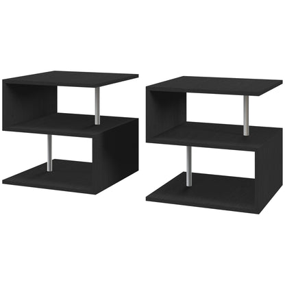 Wooden S Shape Cube Coffee Console Table 2 Tier Storage Shelves Organizer Office Bookcase Living Room End Desk Stand Display Set of 2 (Black)