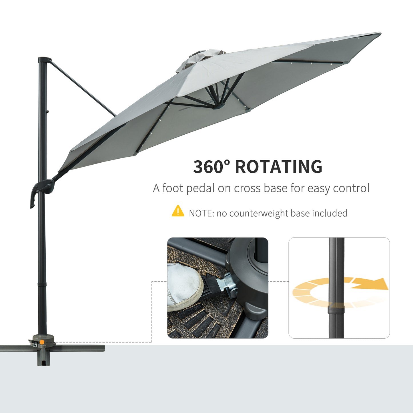 Outsunny 3(m) LED Cantilever Parasol ogrodowy z podstawą krzyżową i lampami solarnymi Szary