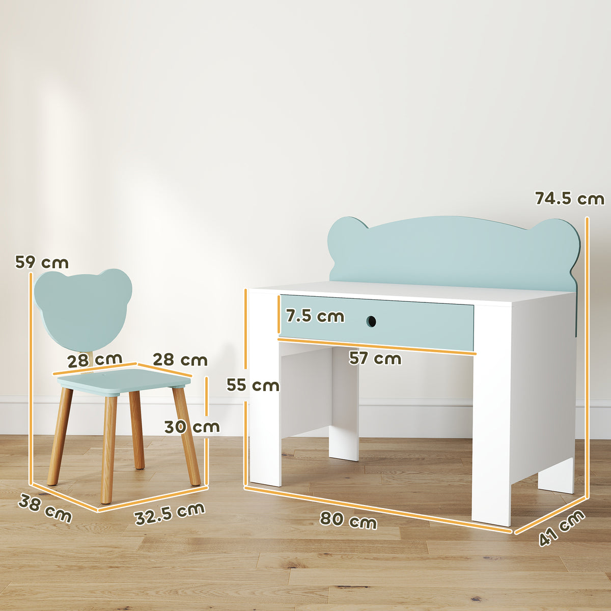 AIYAPLAY Kids Desk and Chair Set with Drawer for Drawing, Reading, Bear Theme Children Furniture for Bedroom, Daycare, Green