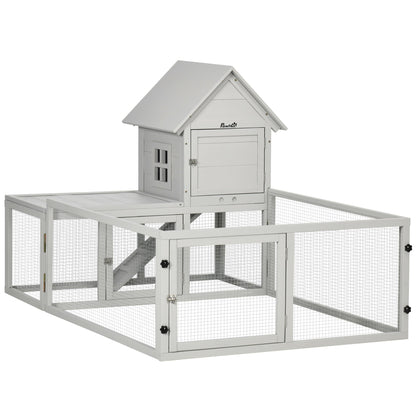 PawHut Indoor Rabbit Hutch, Guinea Pig Cage, with Slide-Out Tray, Large Fenced Area - Light Grey