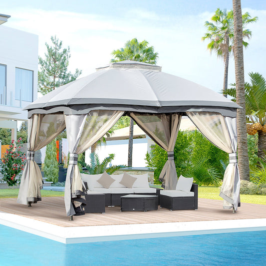 Outsunny 3.7 x 3(m) Metal Gazebo Canopy Party Tent Garden Patio Shelter with Netting Sidewalls & Double Tiered Roof, Grey