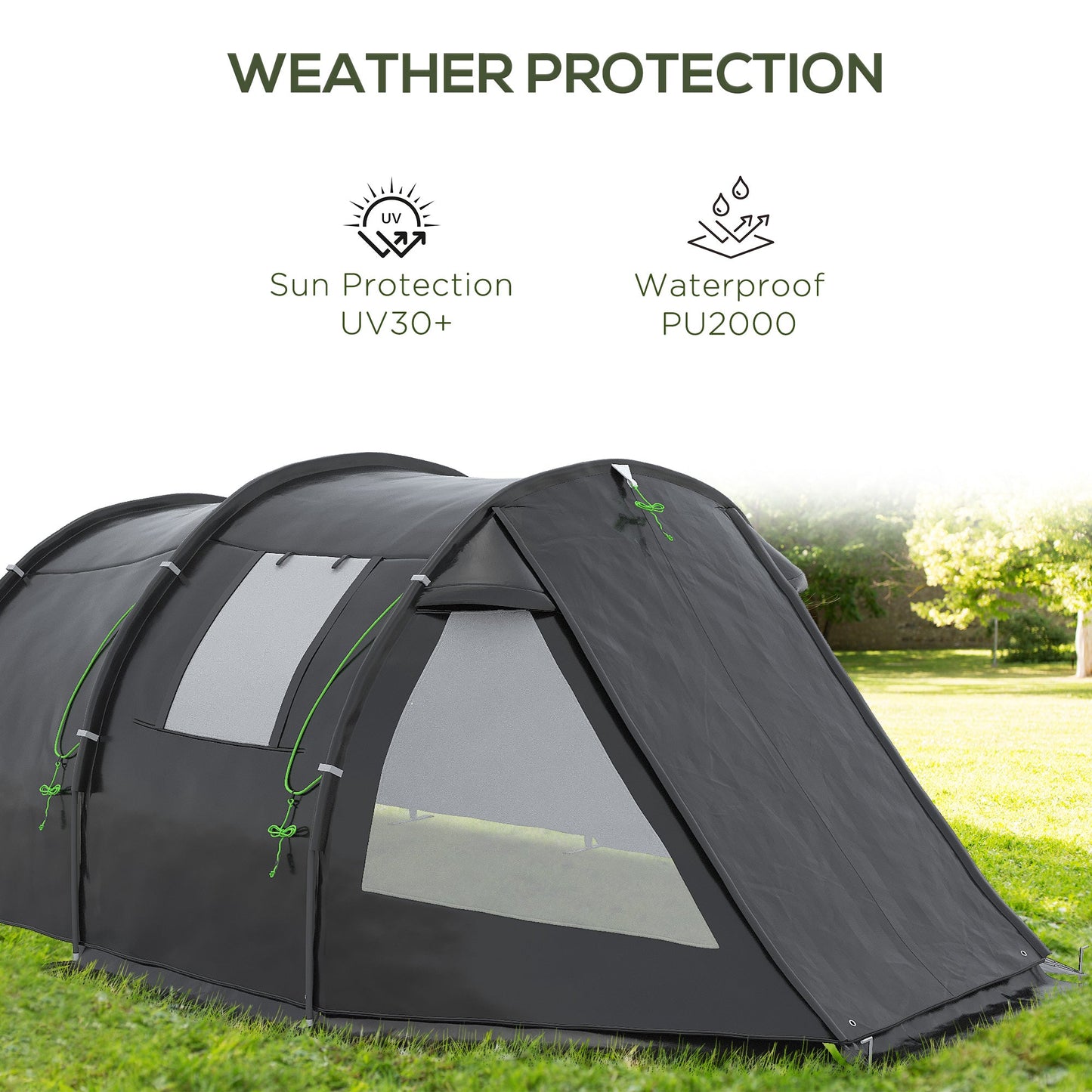 Outsunny 3-4 Man Tunnel Tent, Two Room Camping Tent with Windows and Covers, Portable Carry Bag, for Fishing, Hiking, Sports, Festival - Black