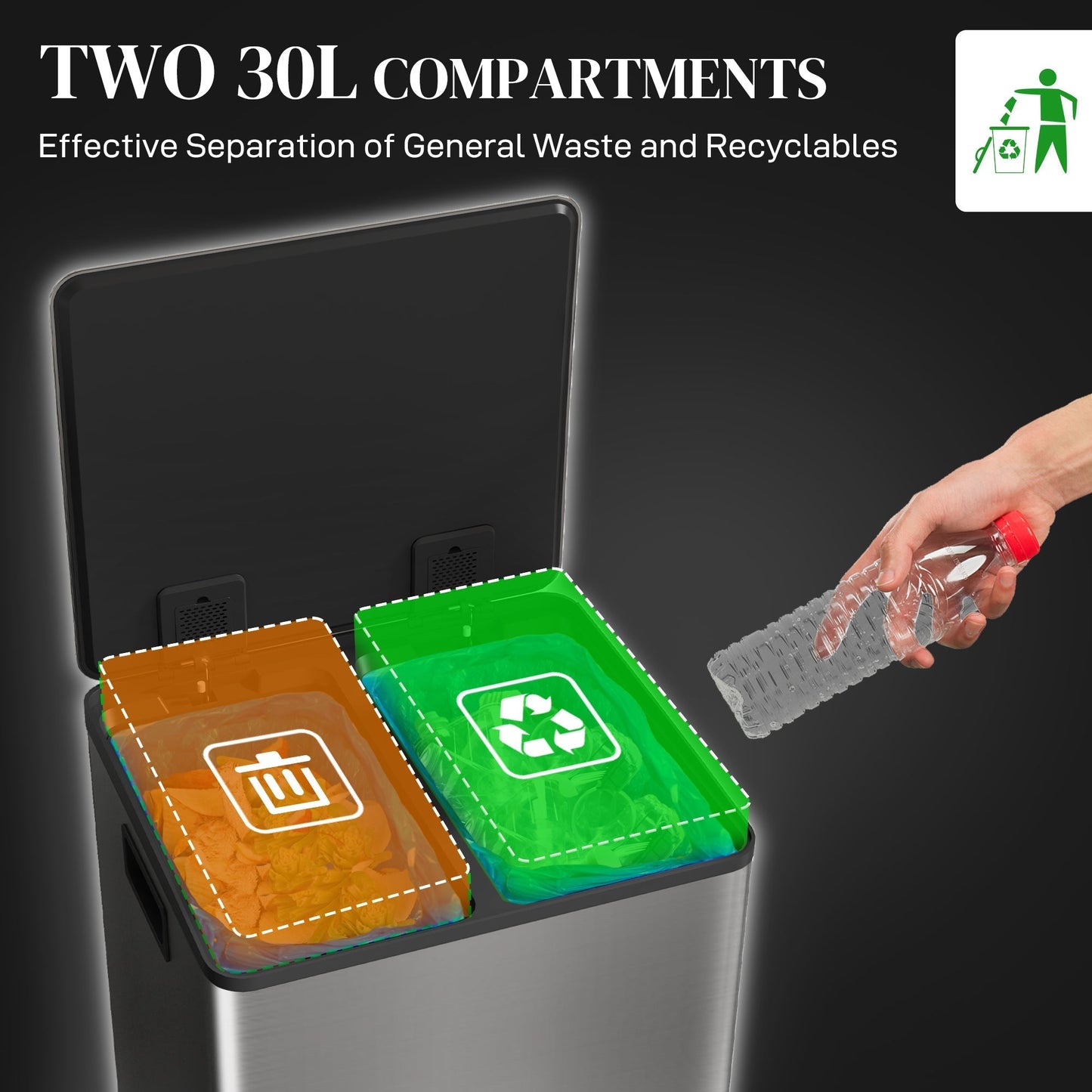 HOMCOM 60L Dual Compartment Stainless Steel Bin, with Deodoriser Holders - Silver Tone