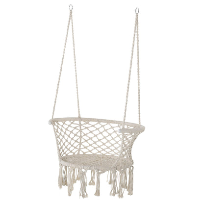 Outsunny Outdoor Hanging Rope Chair with Cotton Rope, Cotton-Polyester Blend Macrame Garden Hammock Chair with Support Backrest, for Patio, Garden, Porch, Living Room, Cream White