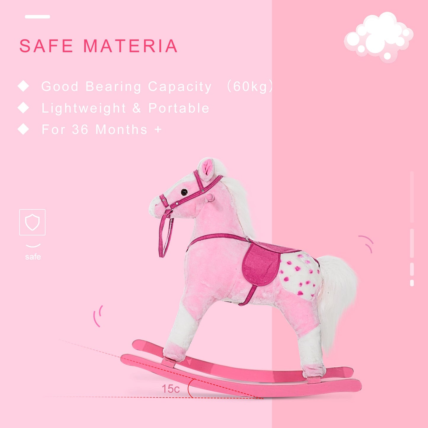 HOMCOM Baby Rocking Horse Plush Ride on Animals Rocker with Sound Handle Grip for Kids 3-6 Years - Pink