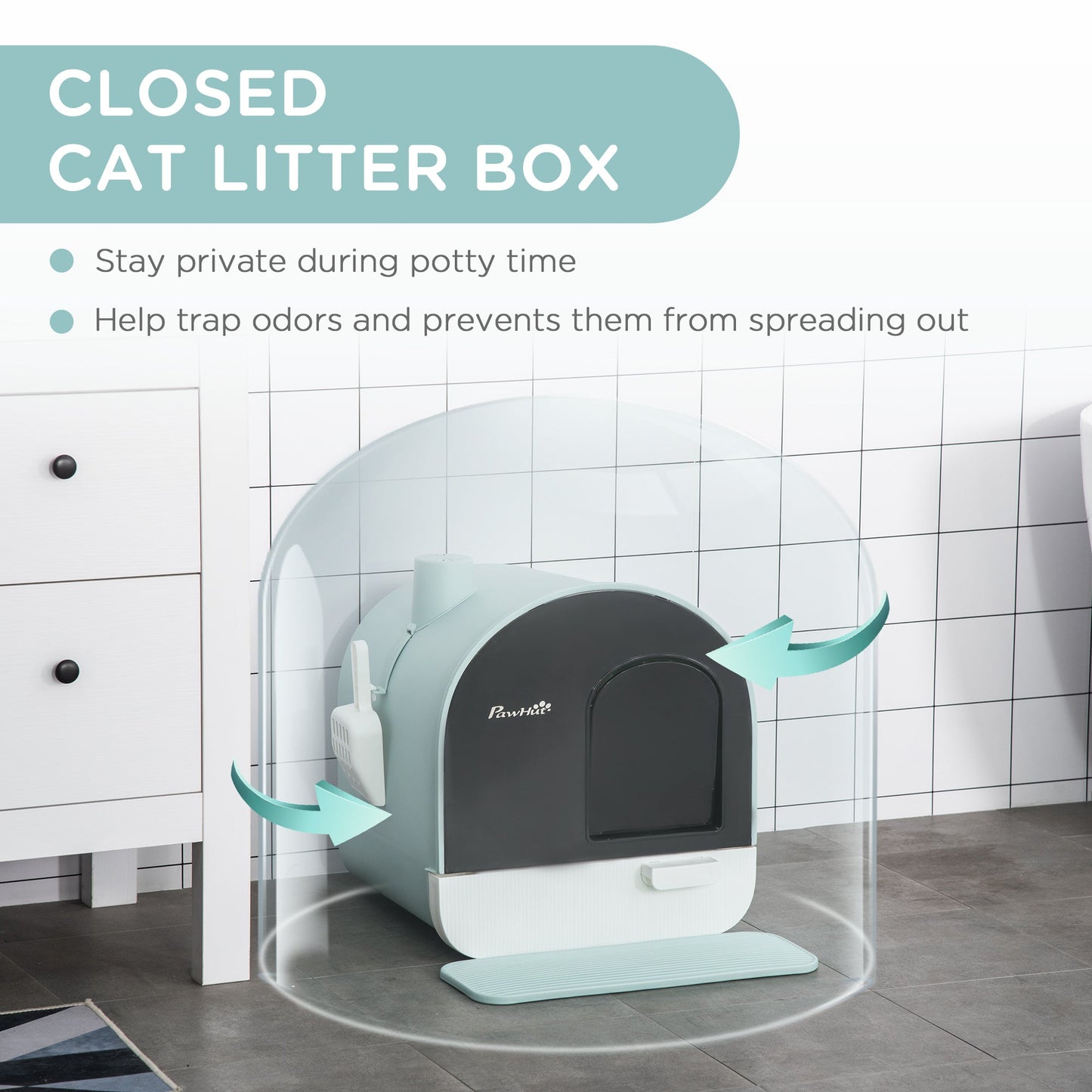 PawHut Hooded Cat Litter Box, Kitten Litter Tray, with Lid, Scoop, Filter, Flap Door