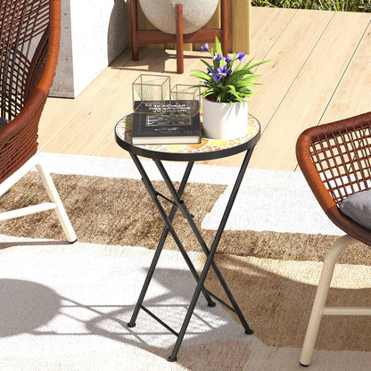 Outsunny Mosaic Outdoor Garden Table, 35.5cm Round Folding Coffee Table with Metal Frame for Balcony Terrace, Yellow