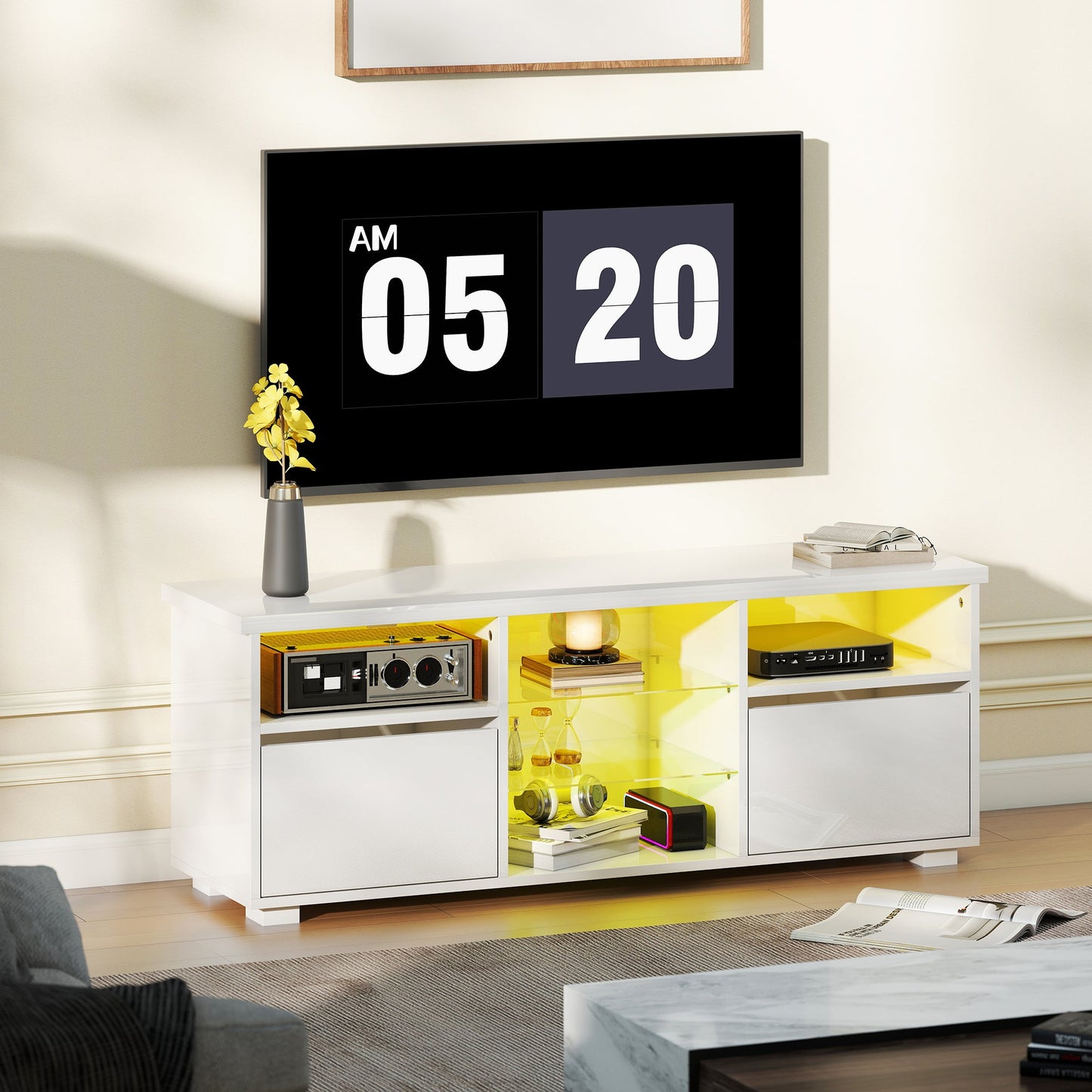 HOMCOM TV Stand Cabinet with LED Lights - High Gloss White