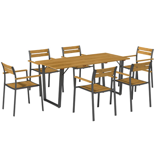 Outsunny 7 Piece Garden Dining Set, Fir Wood Garden Furniture Set with Rectangle Table and 6 Stackable Chairs, Umbrella Hole, Slatted Top and Steel Frame, for Patio Balcony Porch, Brown