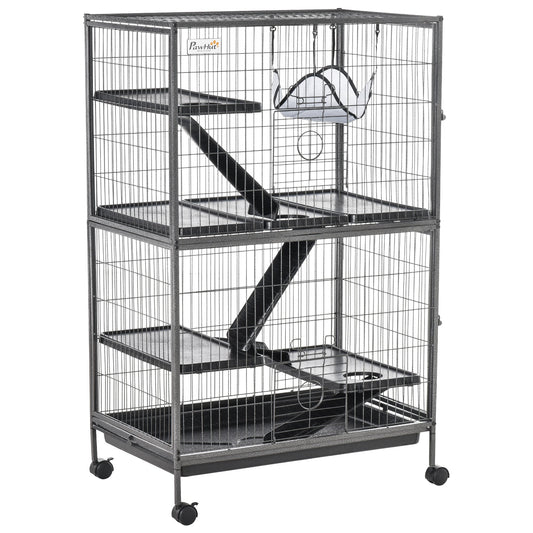 PawHut Small Animal Cage for Chinchilla Ferret Kitten on Wheels with Hammocks Removable Tray, Silver Grey