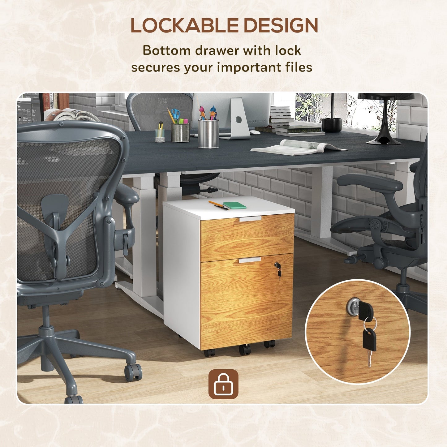 2 Drawer Filing Cabinet with Lock and Wheels, Mobile File Cabinet with Adjustable Hanging Bars for A4 and Letter, Under Desk Office