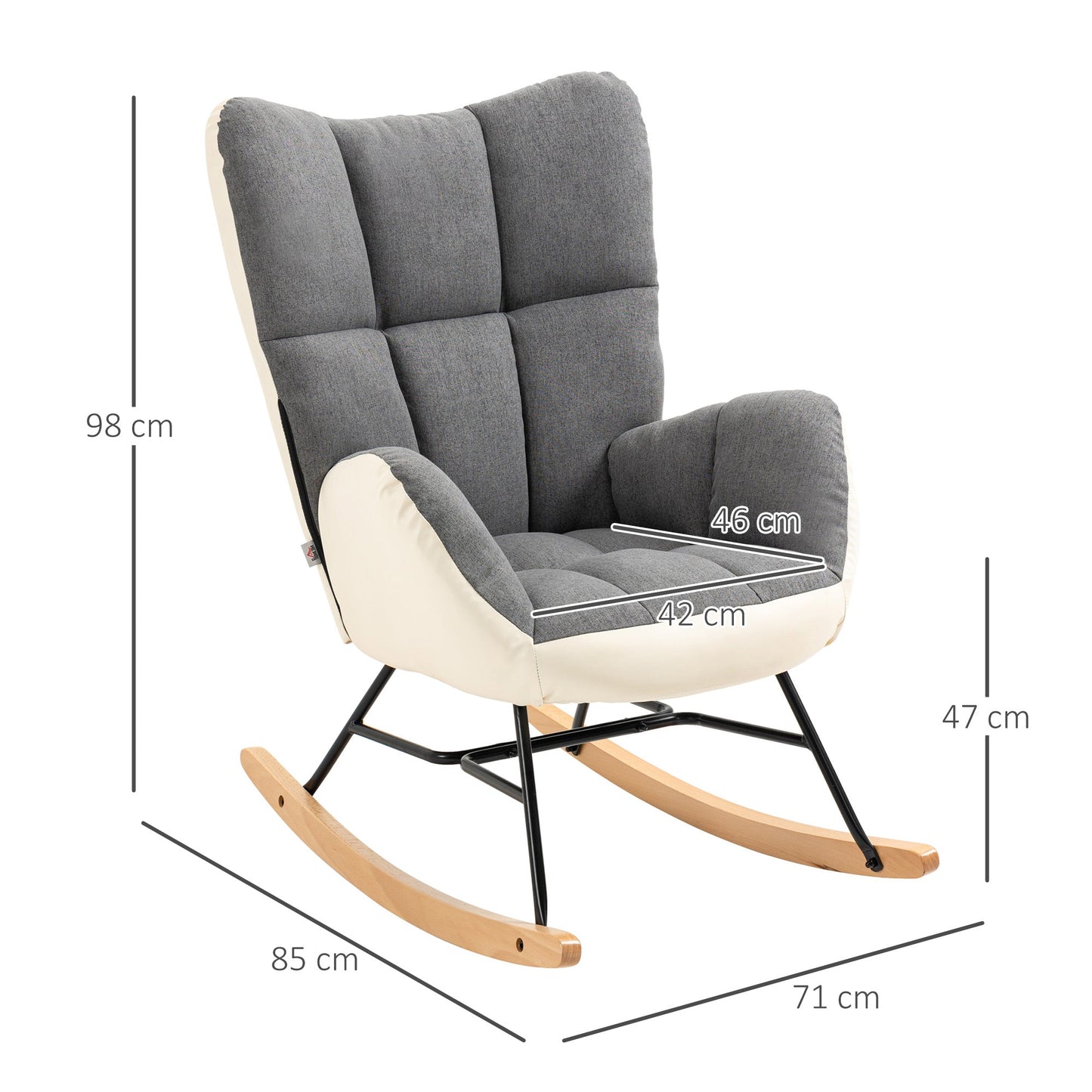 Rocking Chair for Nursery, Upholstered Wingback Armchair with Steel and Wood Legs for Living Room, Bedroom, Balcony, Grey and Cream