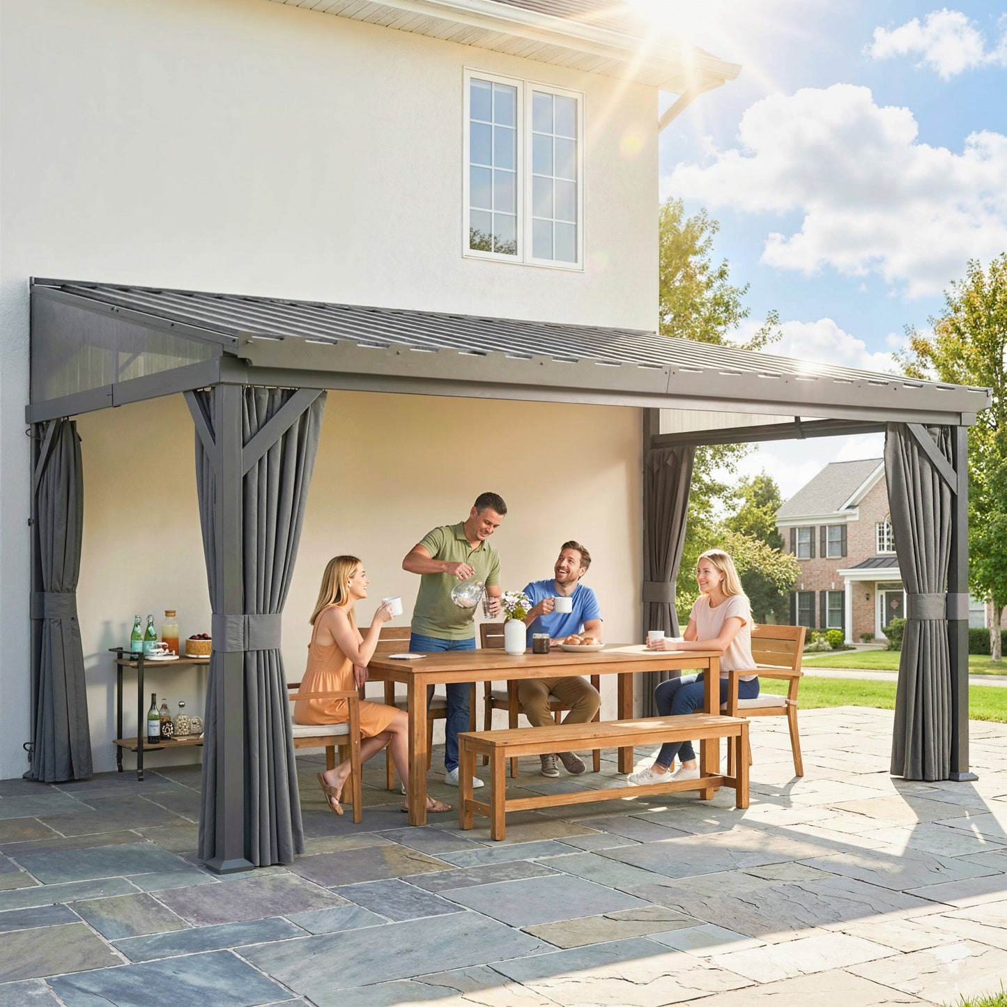 Outsunny 4.3 x 3 m Garden Pergola with Galvanised Steel Roof, Lean to Pergola Gazebo with Netting Curtains, Dark Grey