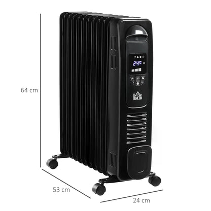 HOMCOM 2500W Digital Display Oil Filled Radiator, 11Fin Portable Electric Heater with Timer, Adjustable Thermostat, Three Heat settings, Safety Cut Off, Remote, Black