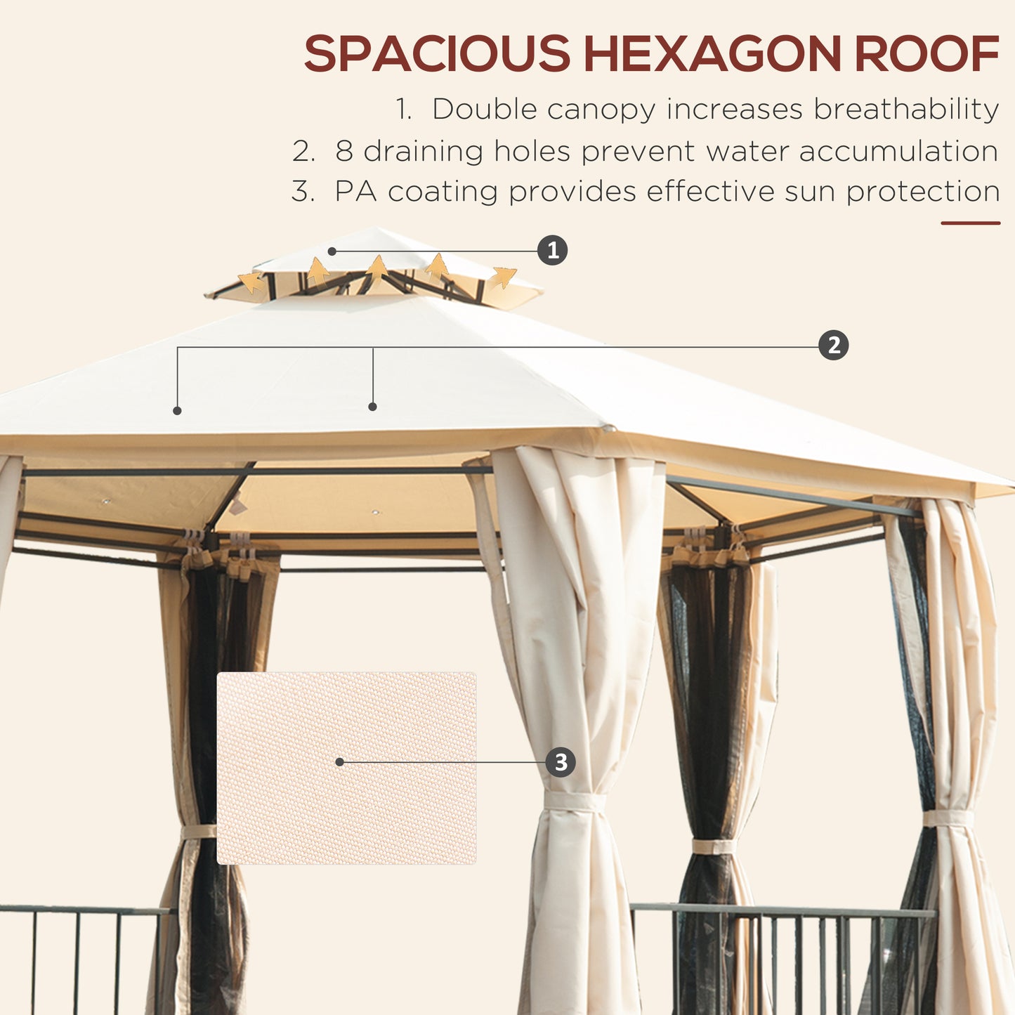 Outsunny 3 x 3(m) Hexagon Gazebo Patio Canopy Party Tent Outdoor Garden Shelter w/ 2 Tier Roof & Side Panel - Beige