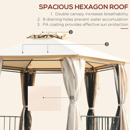 Outsunny 3 x 3(m) Hexagon Gazebo Patio Canopy Party Tent Outdoor Garden Shelter w/ 2 Tier Roof & Side Panel - Beige