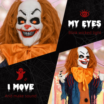 HOMCOM 168 cm Life Size Halloween Animated Standing Circus Clown with Red Light Up Eyes, Sound Activated Moving Arms & Body, Scary Clown Halloween Decorations, Battery Operated, Indoor Party Props