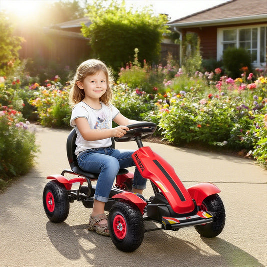 HOMCOM Children Pedal Go Kart, Kids Ride On Racer with Adjustable Seat, Inflatable Rubber Tyres, Handbrake, for Ages 5-12 Years - Red