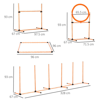 PawHut Dog Agility Equipment Pet Training Set with Adjustable Height Jump Ring Hurdle Whistle Weave Poles Square Pause Box Carry Bag