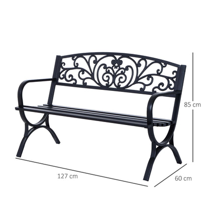 Outsunny 127L x 60W x 85H cm Powder Coated Garden Bench for Patio Backyard, Steel-Black