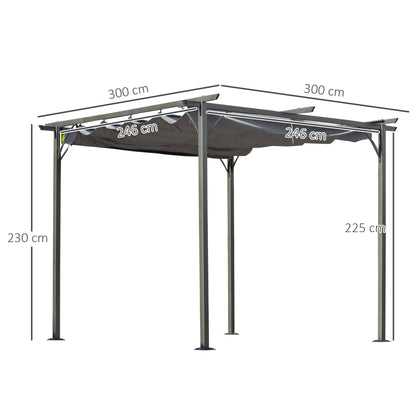 Metalowa pergola Outsunny 3 x 3(m) z rozsuwanym dachem, zadaszenie altanki ogrodowej z metalu. Zewnętrzna osłona przeciwsłoneczna na imprezę grillową, szara.