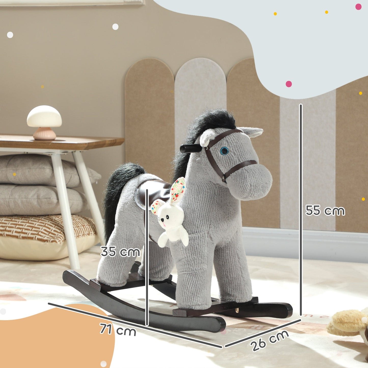 AIYAPLAY Baby Rocking Horse, Plush Ride on Toy with Handle Grip, Sound and Doll, Toddler Animal Rocker for Kids Aged 2-5, Grey