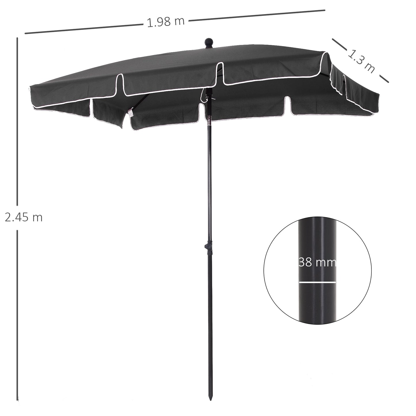 Outsunny Garden Parasol Umbrella, Outdoor Market Table Umbrella with Ruffles & Aluminium Pole, Rectangular Tilting Parasol Sun Shade Canopy, 2 x 1.3m, Grey