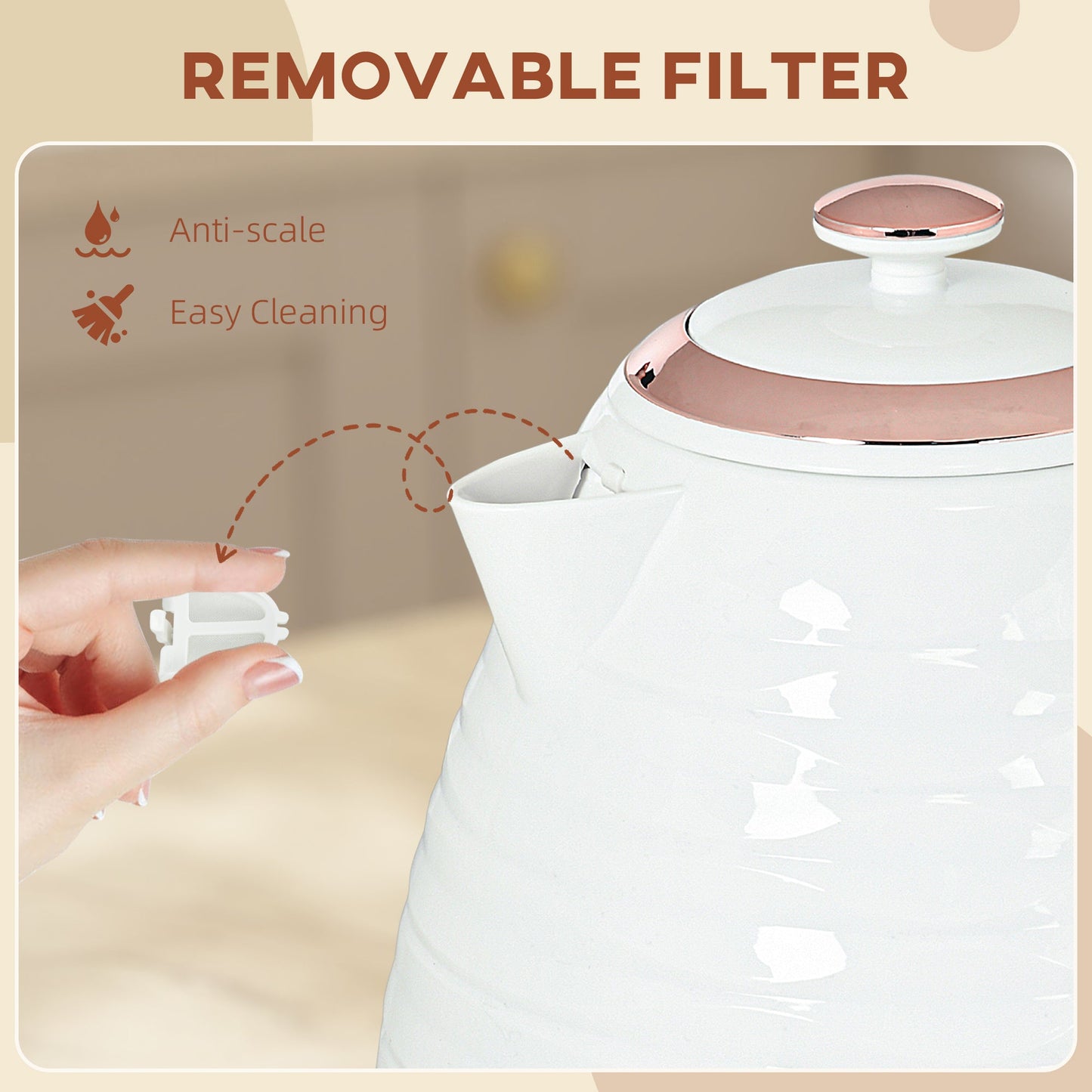 HOMCOM Electric Kettle, 1.7L, Fast Boil, 3kW Water Kettle with Removable Washable Anti-scale Filter, Auto Shut-off, 360¡ Swivel, BPA Free, Cream White Water Ripple Texture