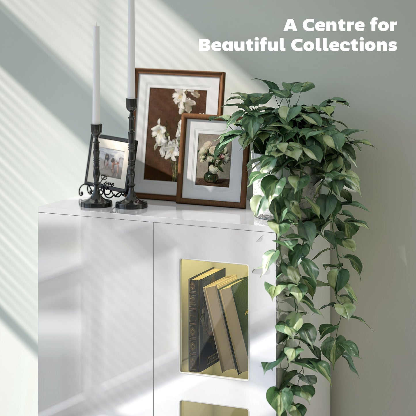 HOMCOM High Gloss Sideboard, Display Cabinet with 16-Colour RGB LED Lights and Remote Control, Modern Storage Cupboard with Glass Doors and Shelves for Living Room, Dining Room, Kitchen, White