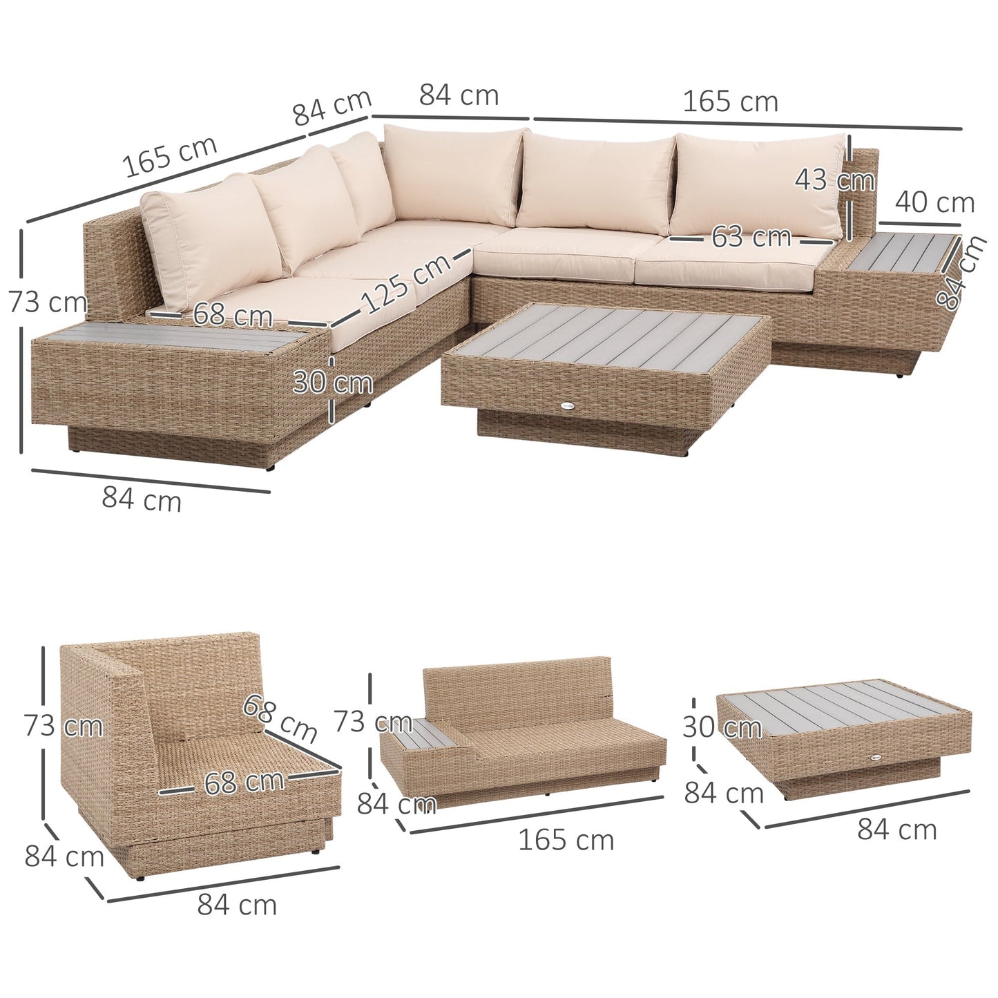 Outsunny 4 Pieces Rattan Garden Furniture Set, Garden Corner Sofa with Side Trays, Wicker Conservatory Furniture Set with Loveseats, Slatted Plastic Top Coffee Table and Cushions, Beige