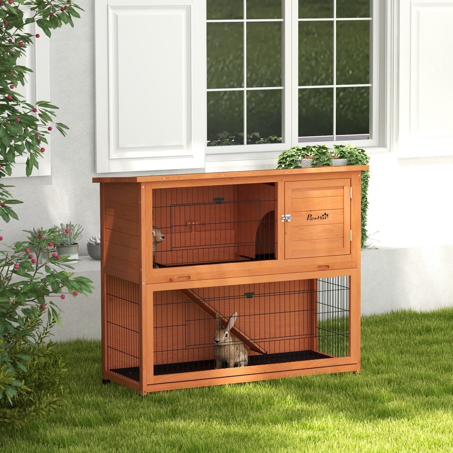 PawHut 2 Tier Antiseptic Wood Rabbit Hutch with Run Outdoor Orange