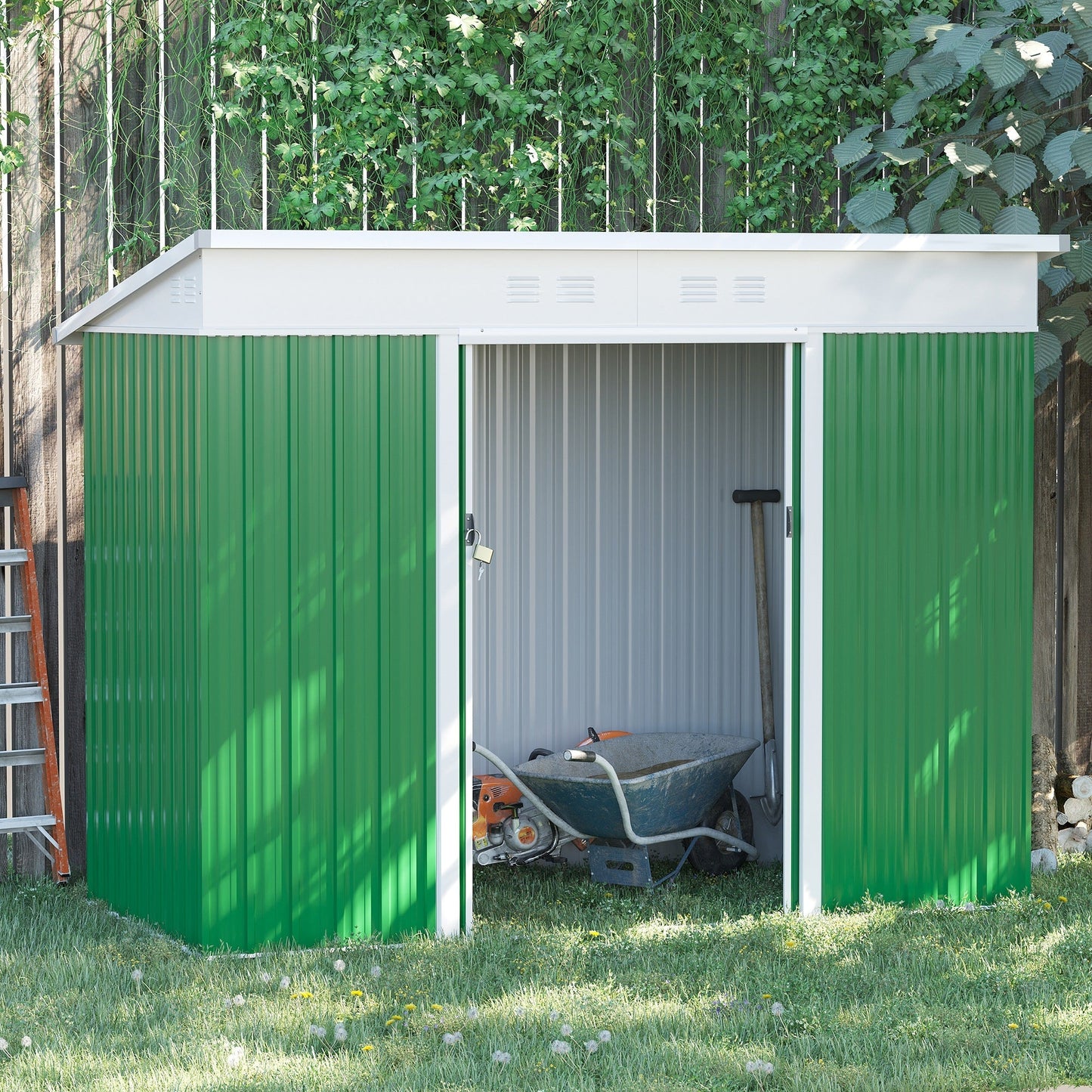 Outsunny 7.6 x 4.3ft Garden Storage Shed w/ Sliding Door Ventilation Window Sloped Roof Gardening Tool Storage Green