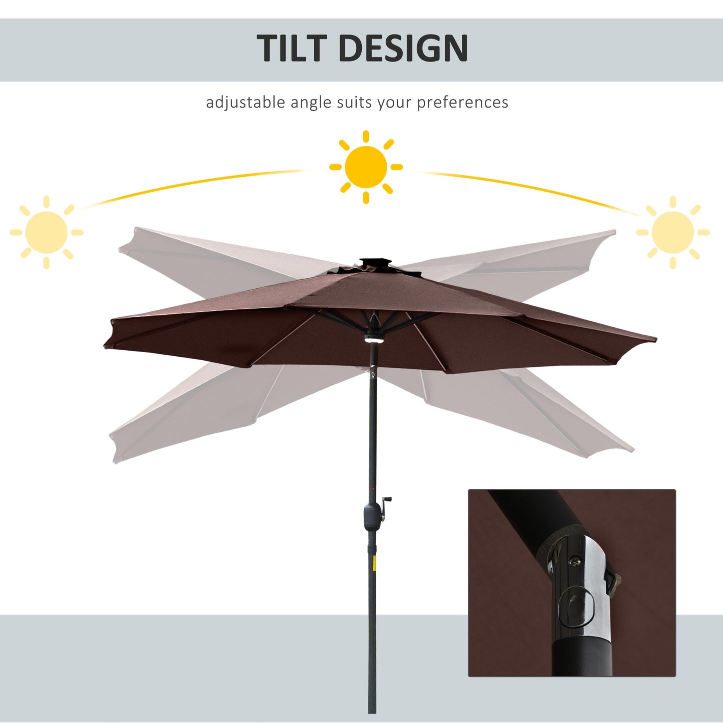 Outsunny 2.7m Garden Parasol Sun Umbrella Patio Summer Shelter w / LED Solar Light، مظلة بزاوية، فتحة تهوية، إمالة كرنك، بني فاتح