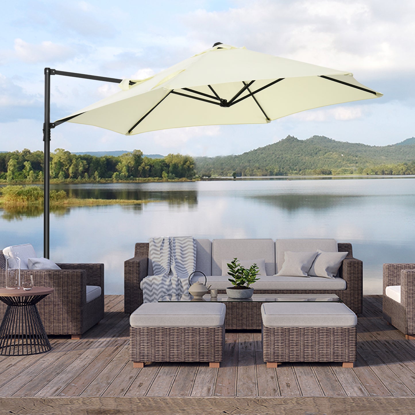 Outsunny 2.5M Garden Cantilever Parasol, Offset Roma Patio Umbrella Hanging Sun Shade Canopy Shelter with 360√Ç¬∞ Rotation and Cross Base, Beige