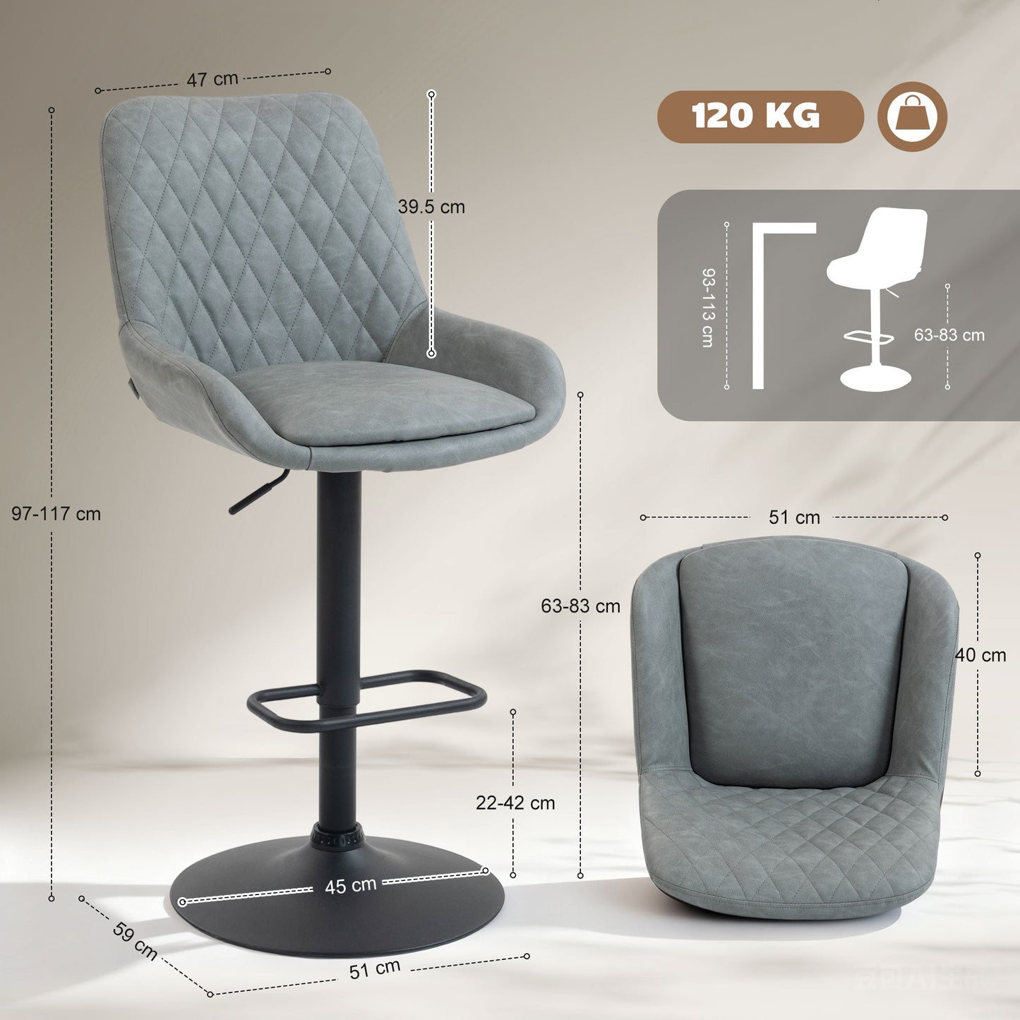 HOMCOM Set of Two Faux Leather Retro Bar Stools - Light Grey