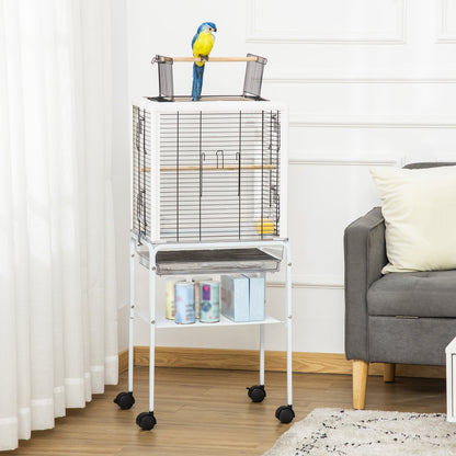 PawHut Large Metal Bird Cage Open Top Aviary for Finch Canaries, Budgies with Handle, Rolling Stand, Slide-out Tray, Storage Shelf, Wood Perch, White