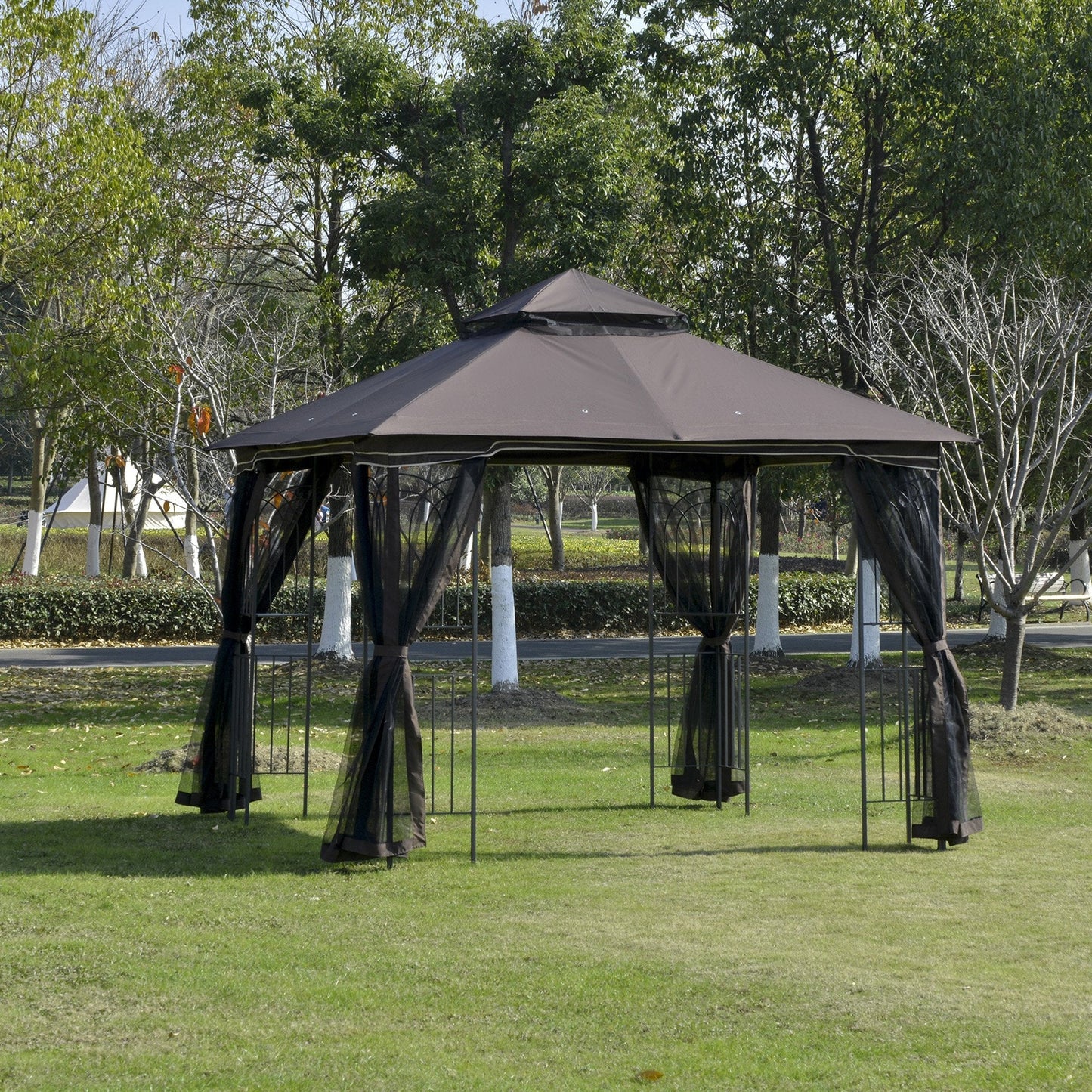 Outsunny Gazebo Garden Outdoor Canopy Double Tier Roof with Removable Mesh Curtains Display Shelves Top Hooks-Coffee