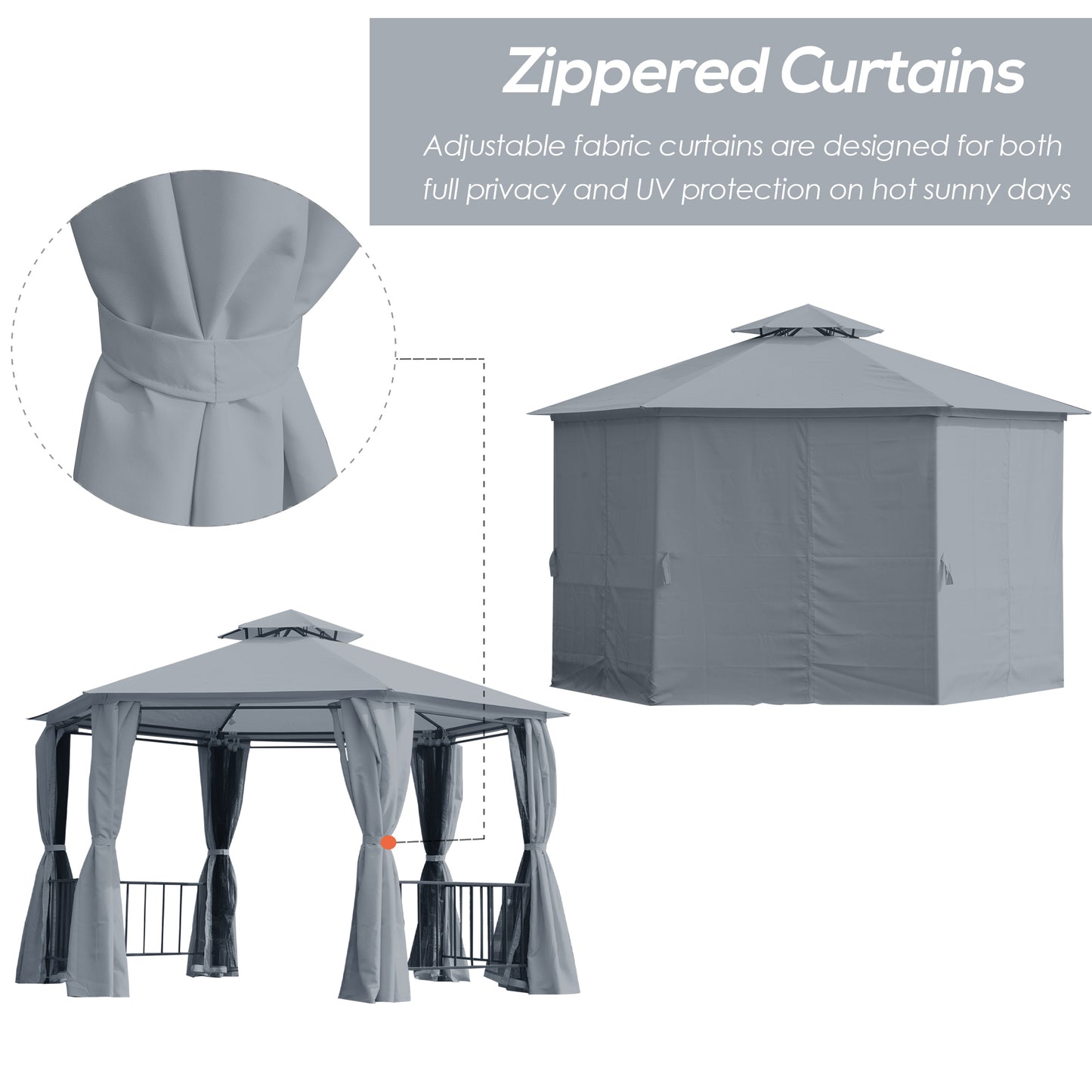 Outsunny 3 x 3(m) Hexagon Gazebo Patio Canopy Party Tent Outdoor Garden Shelter z 2-poziomowym dachem i panelem bocznym - szary