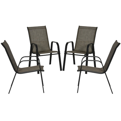 Outsunny 4 Piece Stackable Outdoor Garden Dining Chairs with High Backrest and Armrest, Breathable Mesh Fabric, Mixed Brown