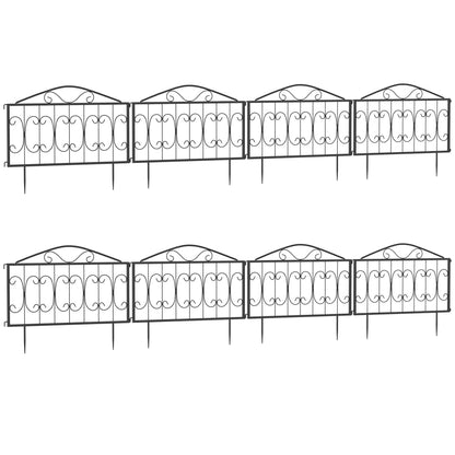 Outsunny Decorative Garden Fencing, 8PCs Outdoor Picket Fence Panels, Rustproof Metal Wire Landscape Flower Bed Border Edging Animal Barrier, Black