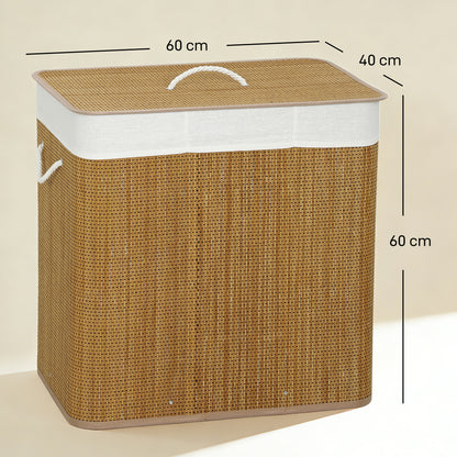 HOMCOM 3 Section Laundry Basket with Lid, 144L Bamboo Laundry Hamper with Handles, Removable and Washable Liner, Brown