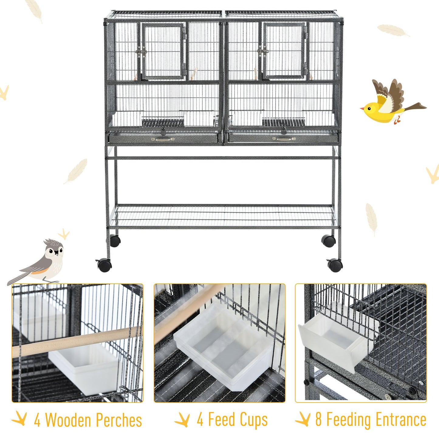 PawHut Large Bird Cage Parrot Cage with Divider, Slide Tray for Finch Canaries Parakeets Cockatiels, 95 x 45.5 x 102 cm