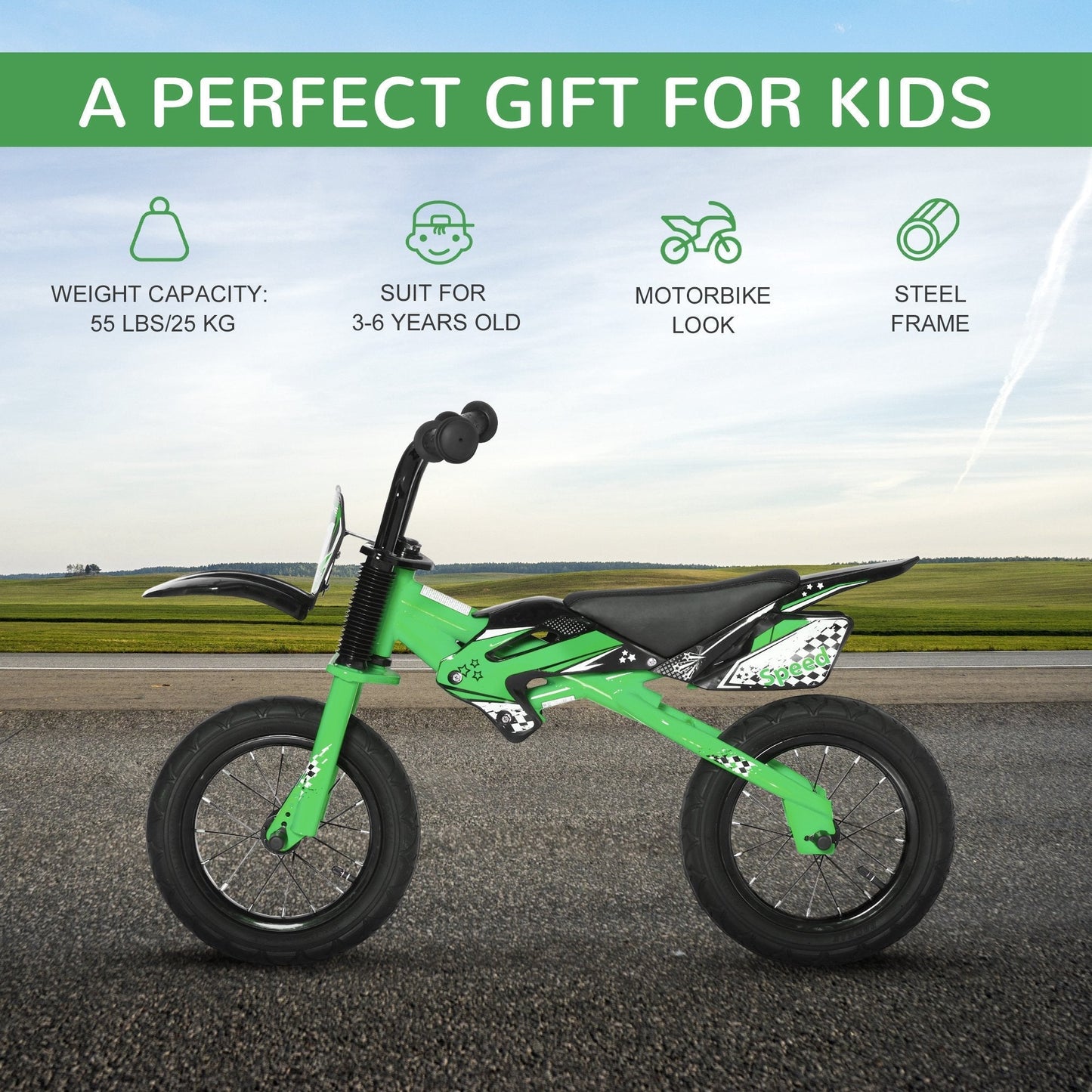 12" Kids Balance Bike, No Pedal Training Bicycle, Motorbike Look, Steel Frame with Air Filled Tire, Handlebar, PU Seat for 3-6 Years Old, Green