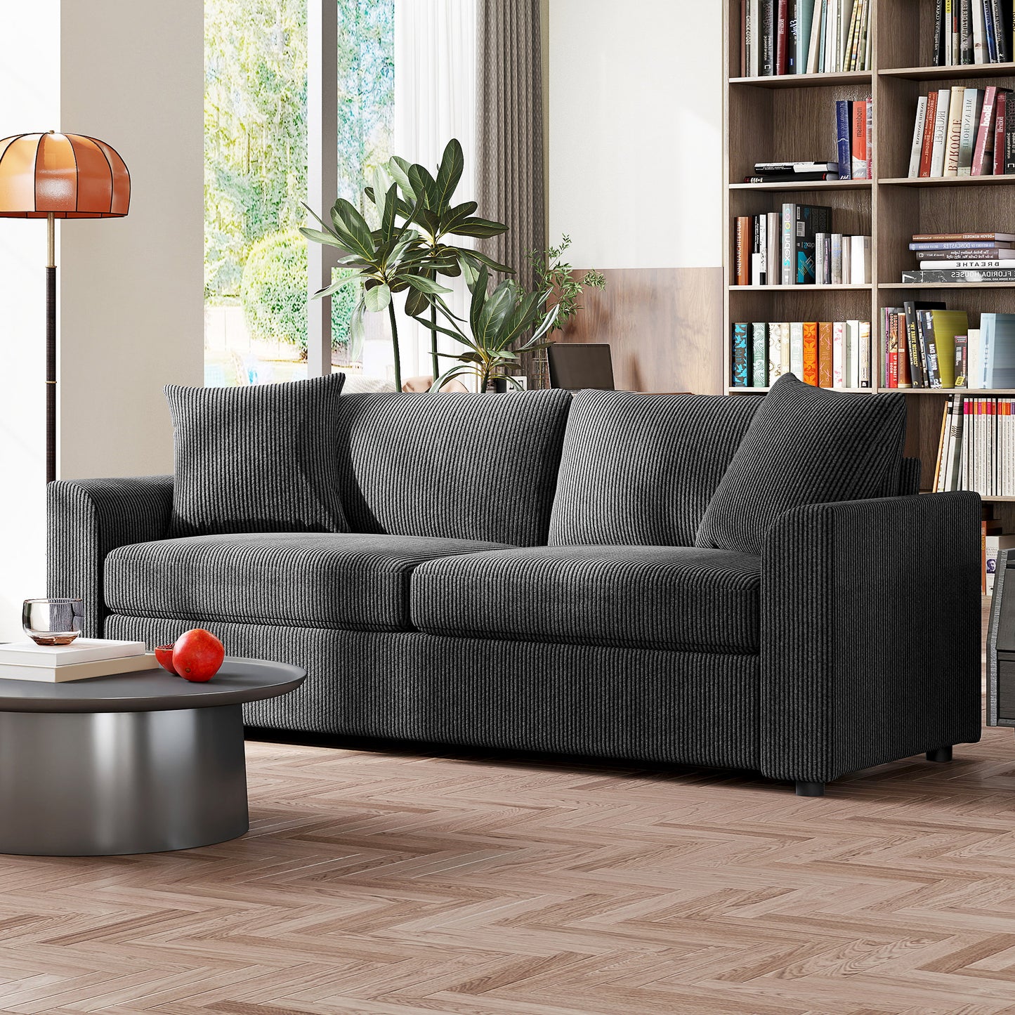 HOMCOM Modern 3 Seater Sofa with Spring Cushion, 212 cm Fabric Jumbo Cord Sofa Couch with 2 Scatter Cushions, Upholstered Corduroy Settee for Living Room, Bedroom, Home Office, Grey